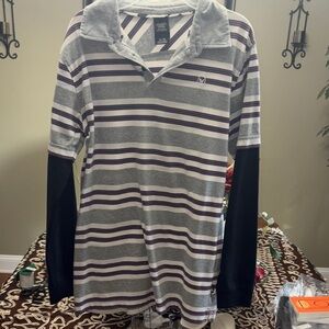 Striped Gray and Purple Long Sleeve Polo Shirt